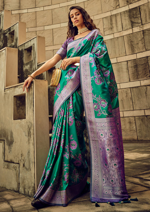 Green Woven Satin Silk Banarasi Saree With Brocade Blouse