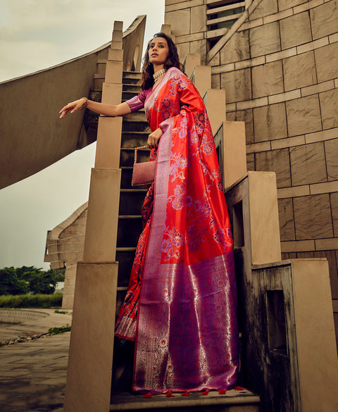 Red Woven Satin Silk Banarasi Saree With Brocade Blouse