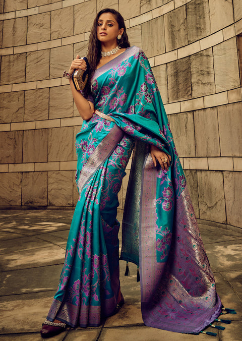 Peacock Blue Woven Satin Silk Banarasi Saree With Brocade Blouse