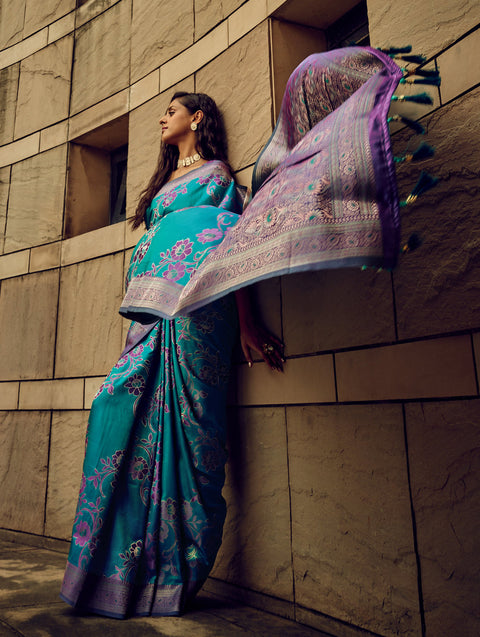Peacock Blue Woven Satin Silk Banarasi Saree With Brocade Blouse