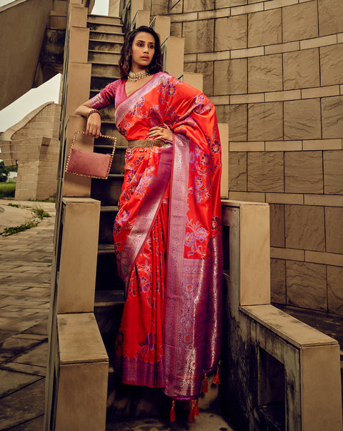 Red Woven Satin Silk Banarasi Saree With Brocade Blouse