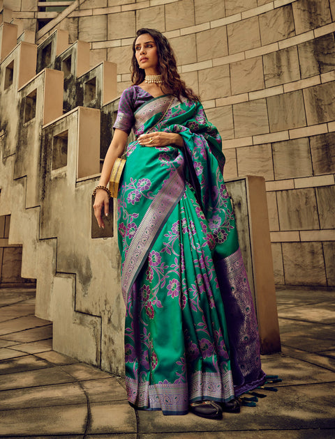 Green Woven Satin Silk Banarasi Saree With Brocade Blouse