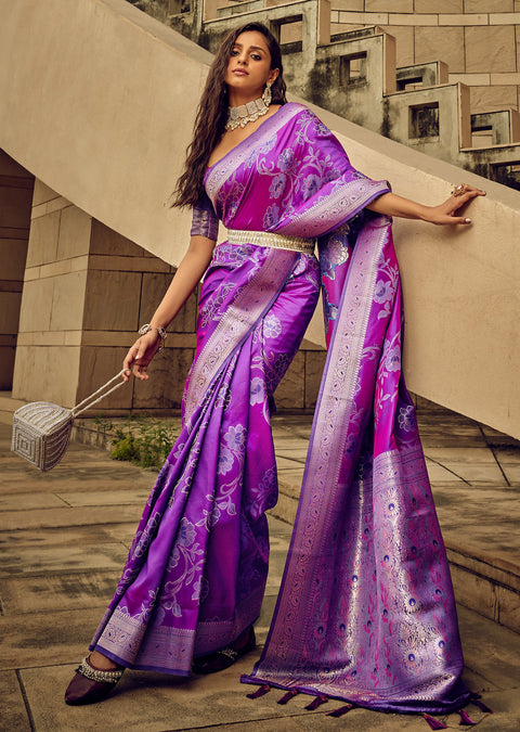 Purple Woven Satin Silk Banarasi Saree With Brocade Blouse