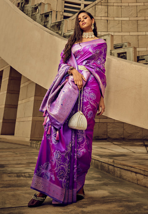Purple Woven Satin Silk Banarasi Saree With Brocade Blouse