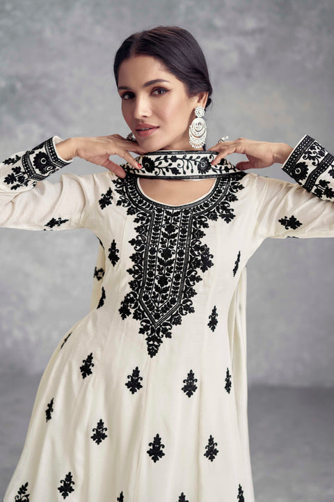 White & Black Embroidered Chinon Palazzo Suit