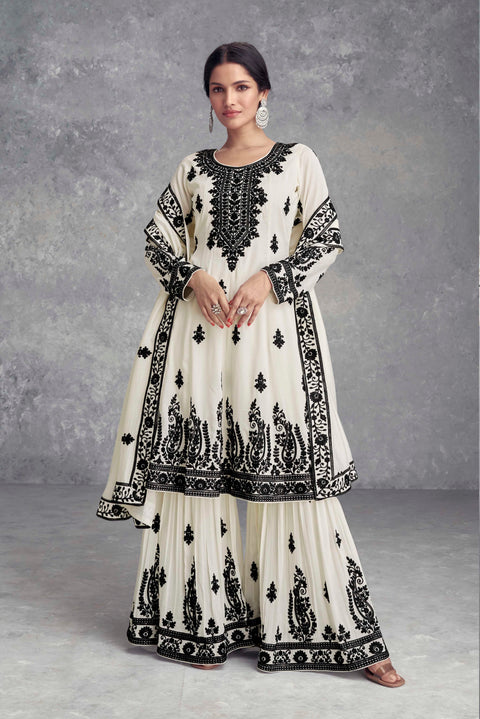 White & Black Embroidered Chinon Palazzo Suit