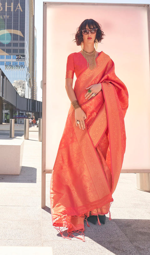 Bride Peach Woven Banarasi Brocade Silk Saree