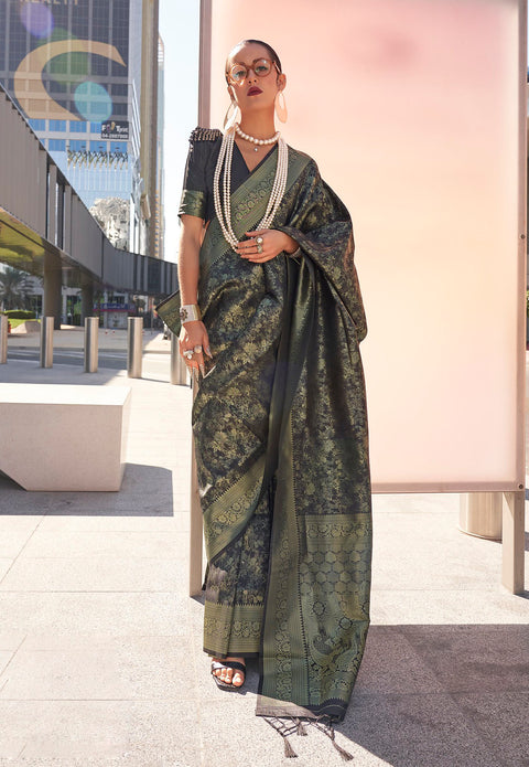 Black And Gold Woven Banarasi Brocade Silk Saree