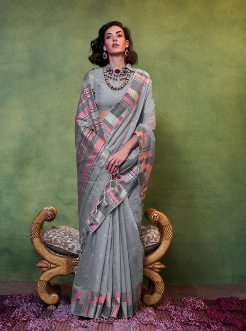 Grey Woven Cotton Silk Saree