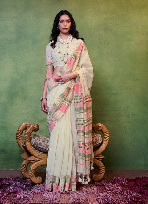 Off White Woven Cotton Silk Saree