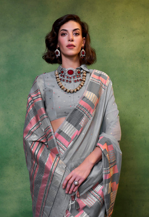 Grey Woven Cotton Silk Saree