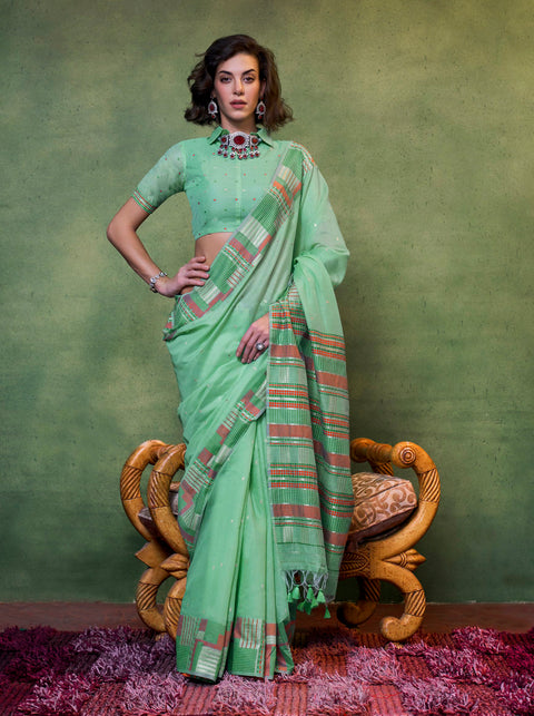 Green Woven Cotton Silk Saree