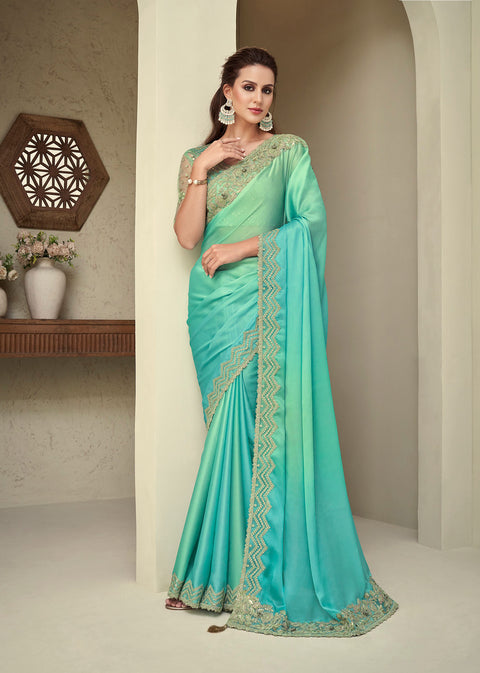 Sea Green & Blue Floral Sequins Embroidered Silk Saree