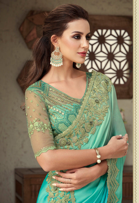 Sea Green & Blue Floral Sequins Embroidered Silk Saree