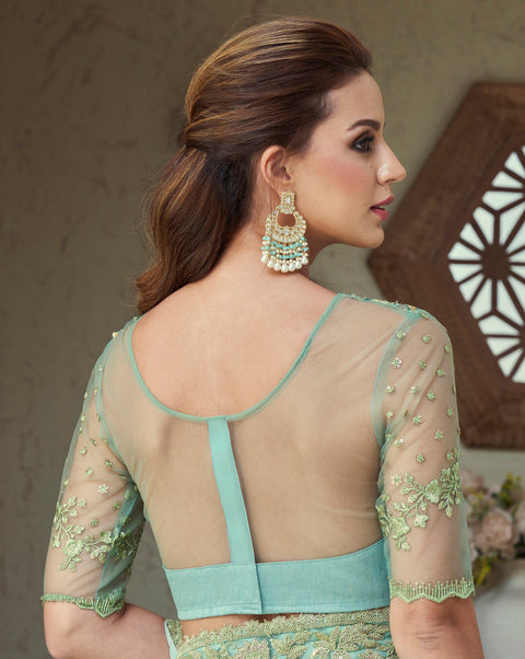 Sea Green & Blue Floral Sequins Embroidered Silk Saree