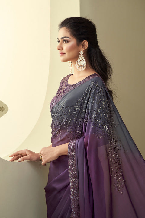 Grape Wine Floral Embroidered Silk Saree