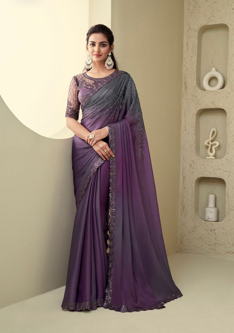 Grape Wine Floral Embroidered Silk Saree