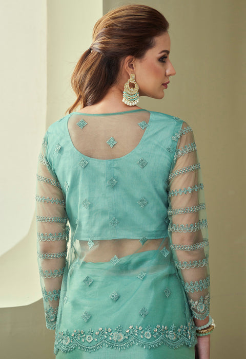 Firozi Floral Sequins Embroidered Jacket Style Shimmer Saree