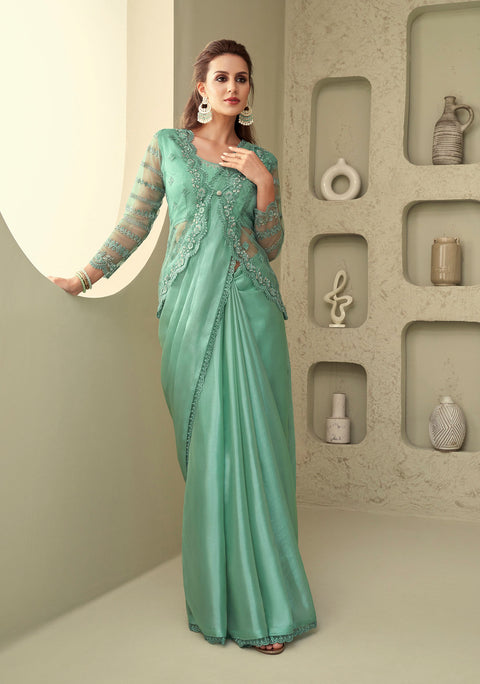 Firozi Floral Sequins Embroidered Jacket Style Shimmer Saree