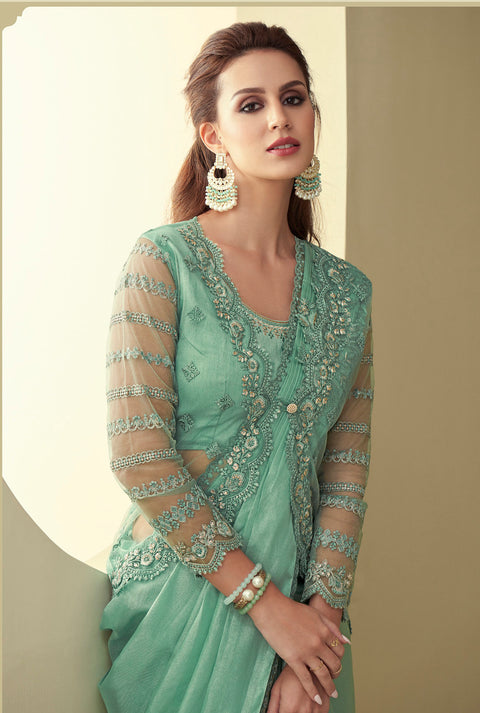 Firozi Floral Sequins Embroidered Jacket Style Shimmer Saree