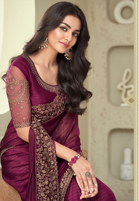 Wine Floral Embroidered Shimmer Silk Saree