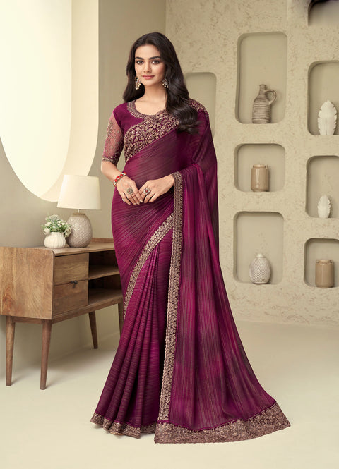 Wine Floral Embroidered Shimmer Silk Saree
