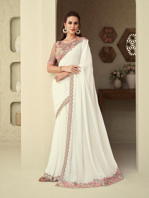 White Floral Embroidered Shimmer Silk Saree