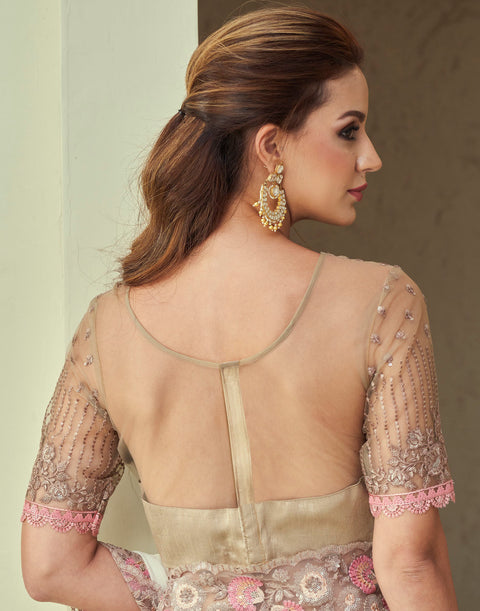 White Floral Embroidered Shimmer Silk Saree