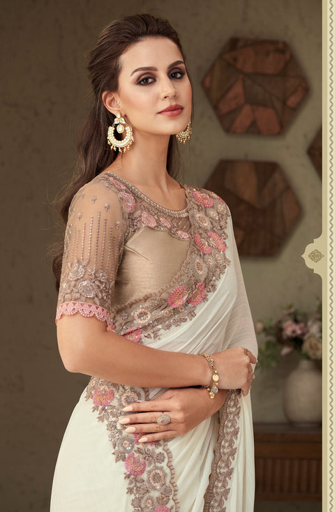 White Floral Embroidered Shimmer Silk Saree