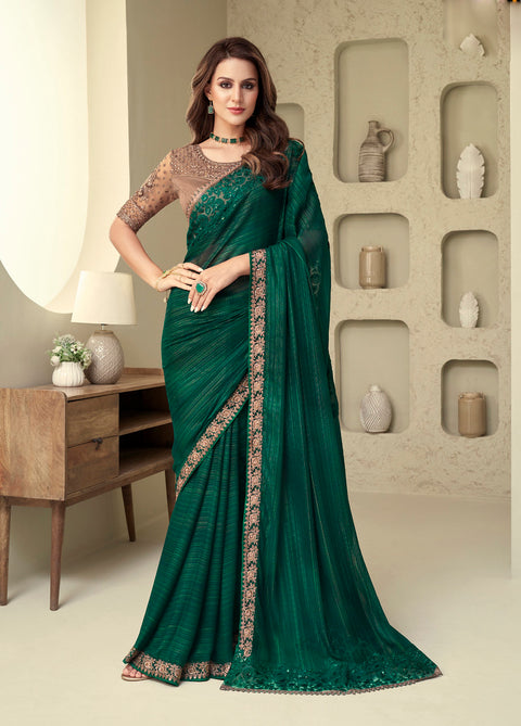 Green Floral Embroidered Shimmer Silk Saree