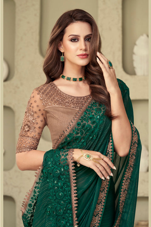 Green Floral Embroidered Shimmer Silk Saree