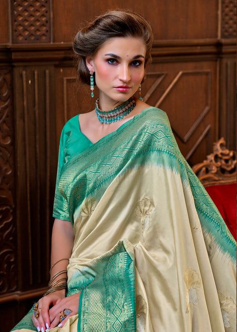 Off White Woven Banarasi Soft Silk Saree