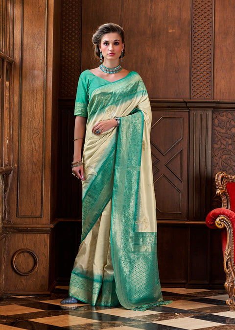 Off White Woven Banarasi Soft Silk Saree