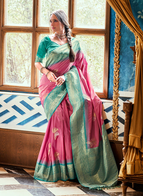 Dusky Pink Woven Banarasi Soft Silk Saree