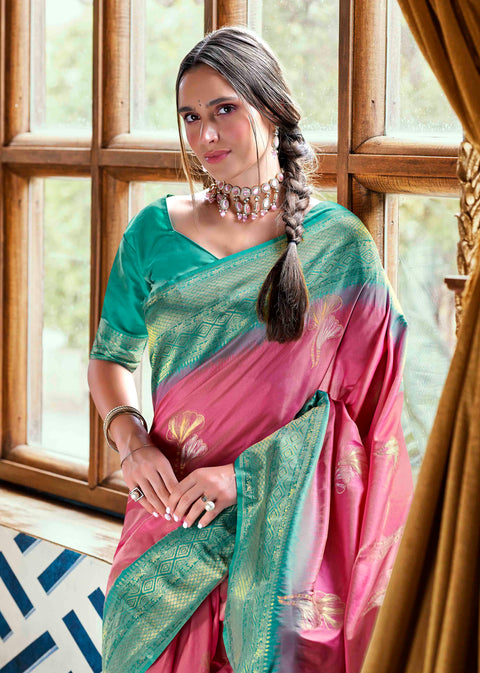 Dusky Pink Woven Banarasi Soft Silk Saree