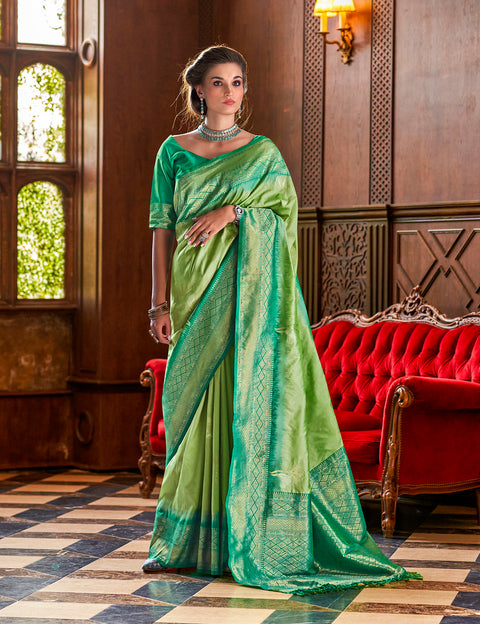 Lime Green Woven Banarasi Soft Silk Saree