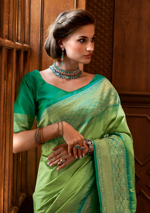 Lime Green Woven Banarasi Soft Silk Saree