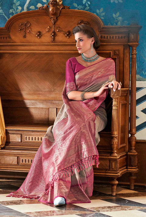 Grey And Maroon Woven Banarasi Soft Silk Saree