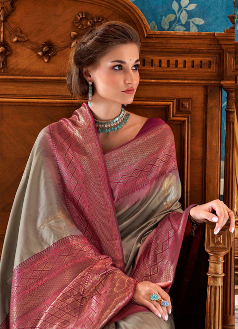 Grey And Maroon Woven Banarasi Soft Silk Saree