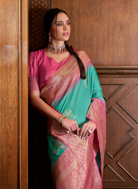 Antique Green Woven Banarasi Soft Silk Saree