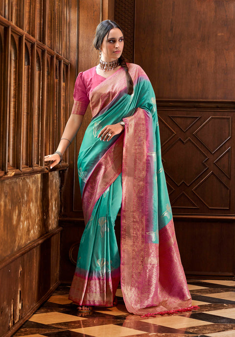 Antique Green Woven Banarasi Soft Silk Saree