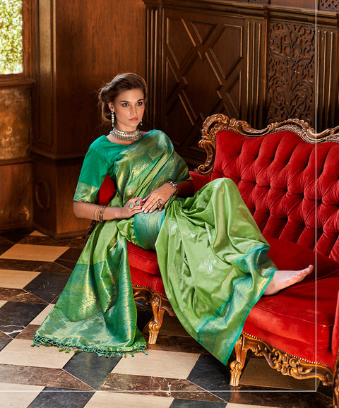 Lime Green Woven Banarasi Soft Silk Saree