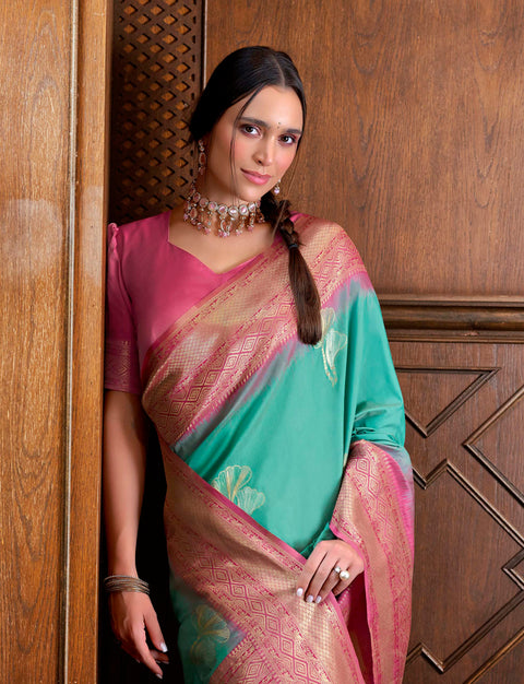 Antique Green Woven Banarasi Soft Silk Saree