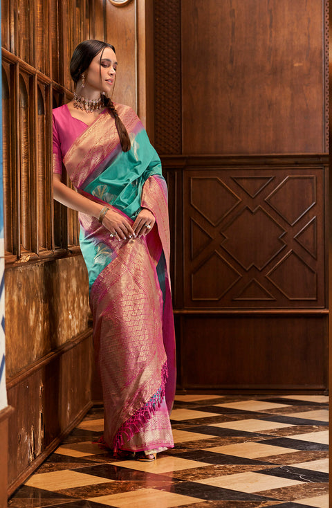 Antique Green Woven Banarasi Soft Silk Saree