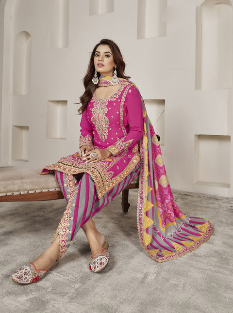 Magenta Mirror Embroidered Chinon Dhoti Salwar Suit