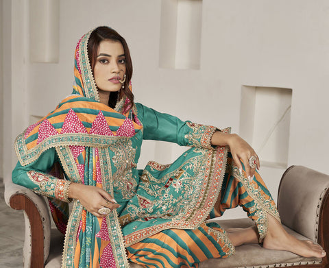 Green Mirror Embroidered Chinon Dhoti Salwar Suit