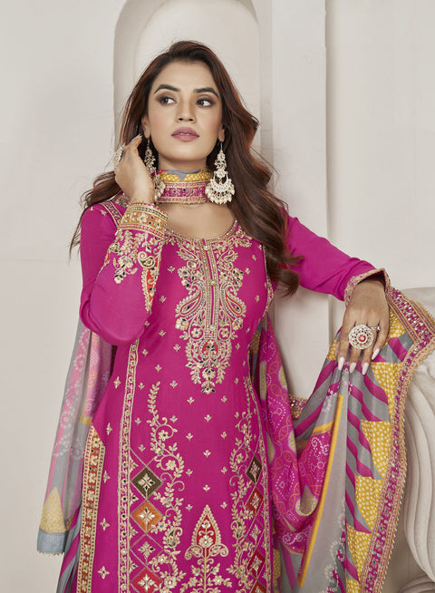 Magenta Mirror Embroidered Chinon Dhoti Salwar Suit