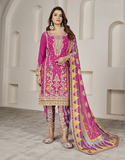 Magenta Mirror Embroidered Chinon Dhoti Salwar Suit