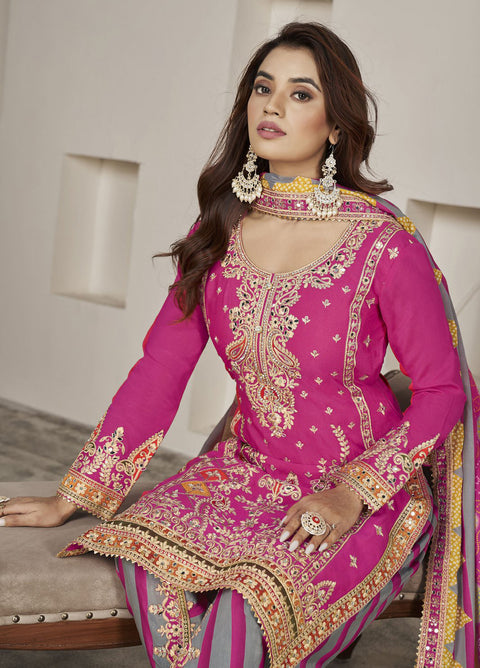 Magenta Mirror Embroidered Chinon Dhoti Salwar Suit