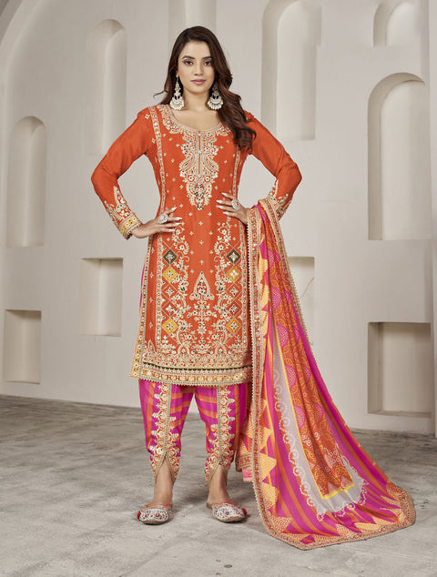 Orange Mirror Embroidered Chinon Dhoti Salwar Suit